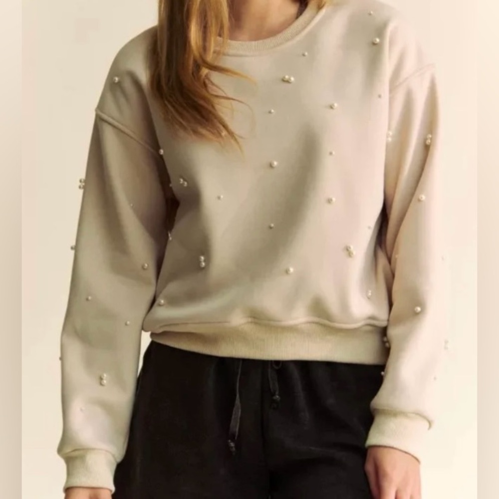 DAVI & DANI Beige Pearl-Adorned Sweatshirt